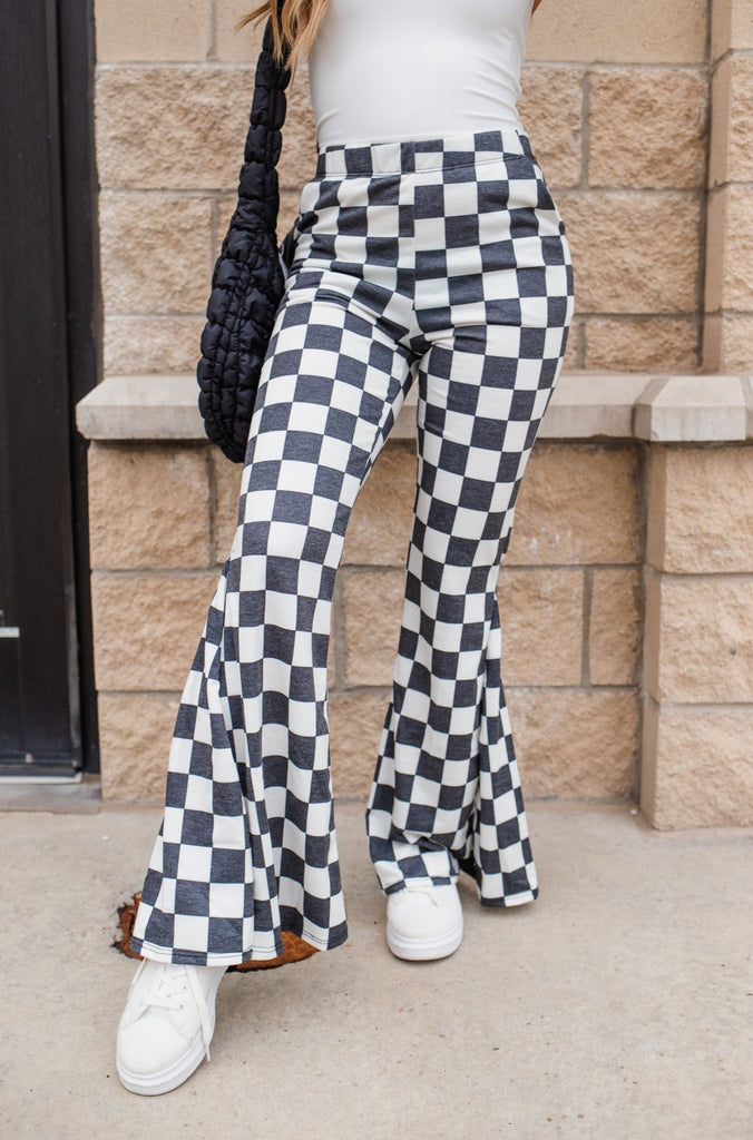 Finish Line Flared Checked Knit Pants - BluePeppermint Boutique