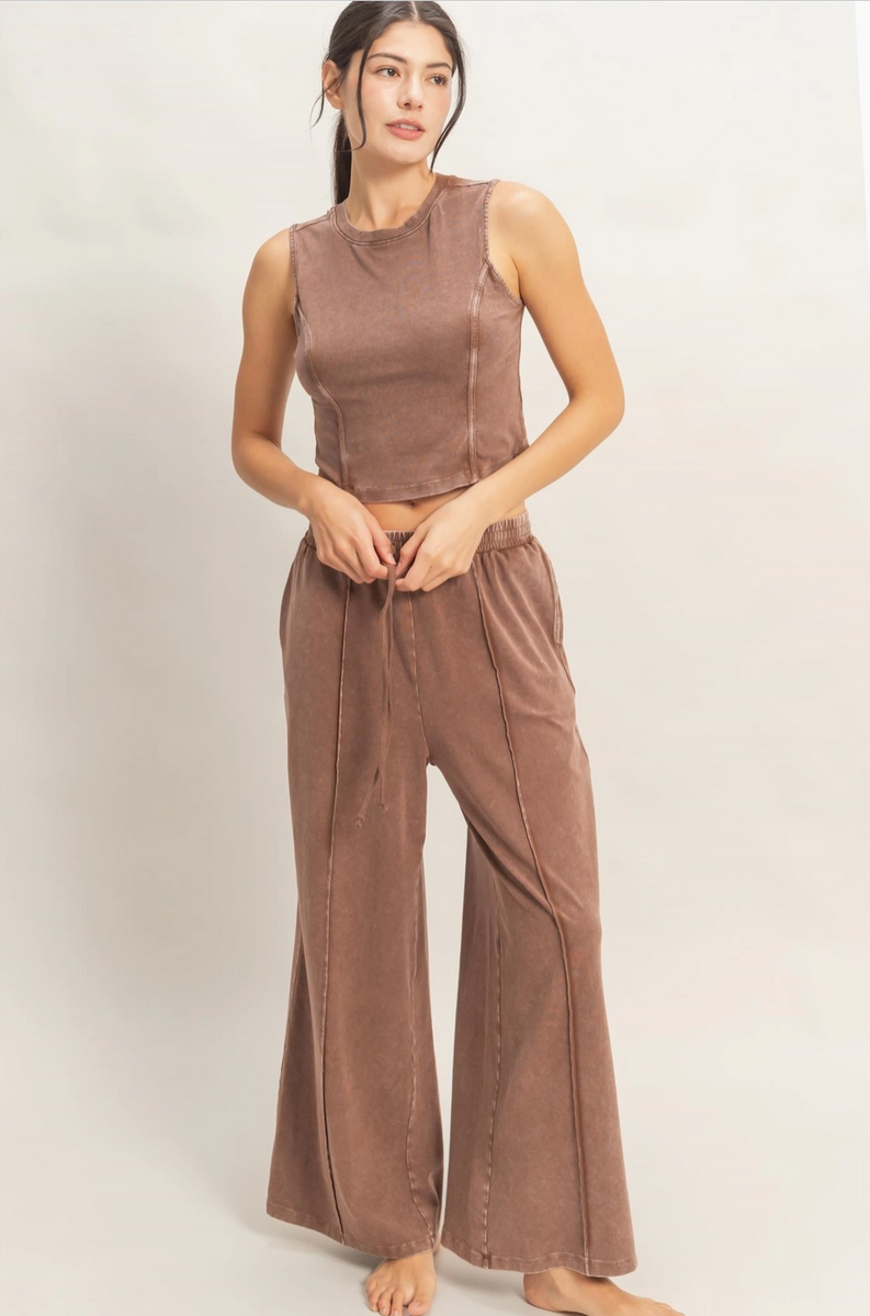 Earthy Hour Mineral Washed Wide Leg Pants - Chocolate