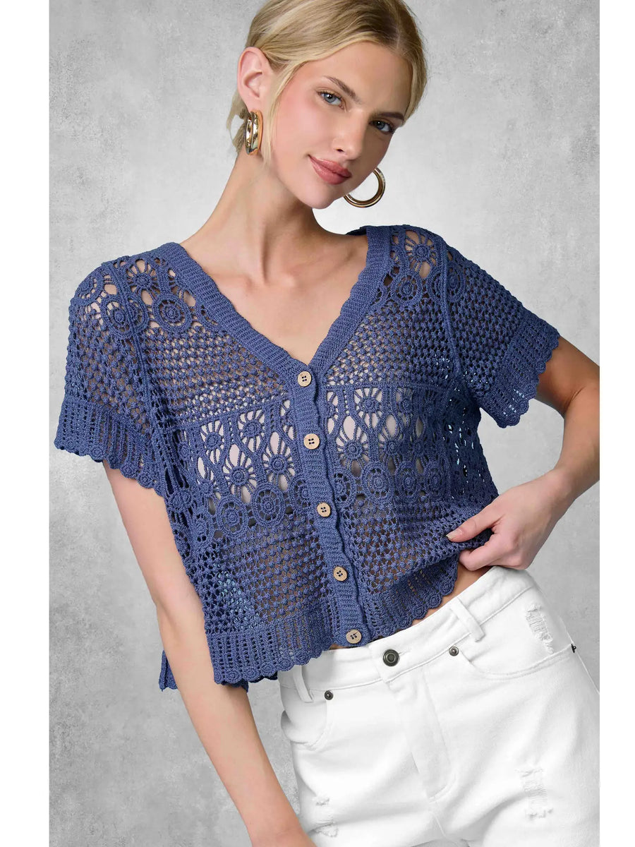 Sugar Open Knit Scallop Edge Cardigan - Indigo Blue