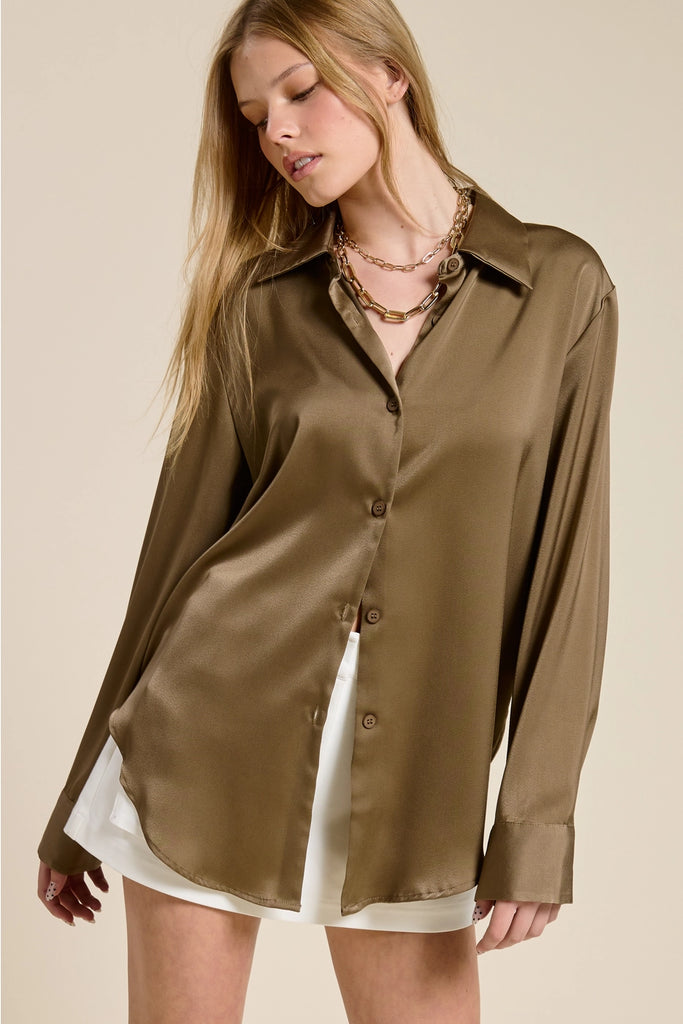 Deadline Satin Button Blouse - Tobacco - BluePeppermint Boutique