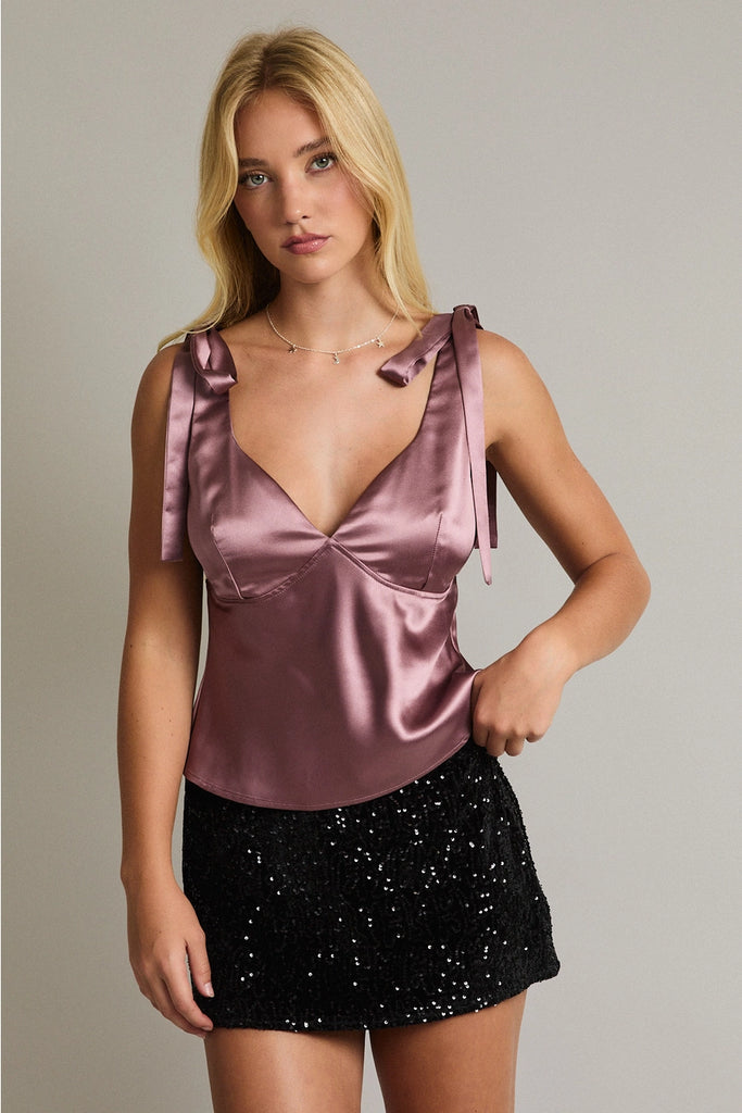 Maeve Bow Shoulder Satin Top - BluePeppermint Boutique