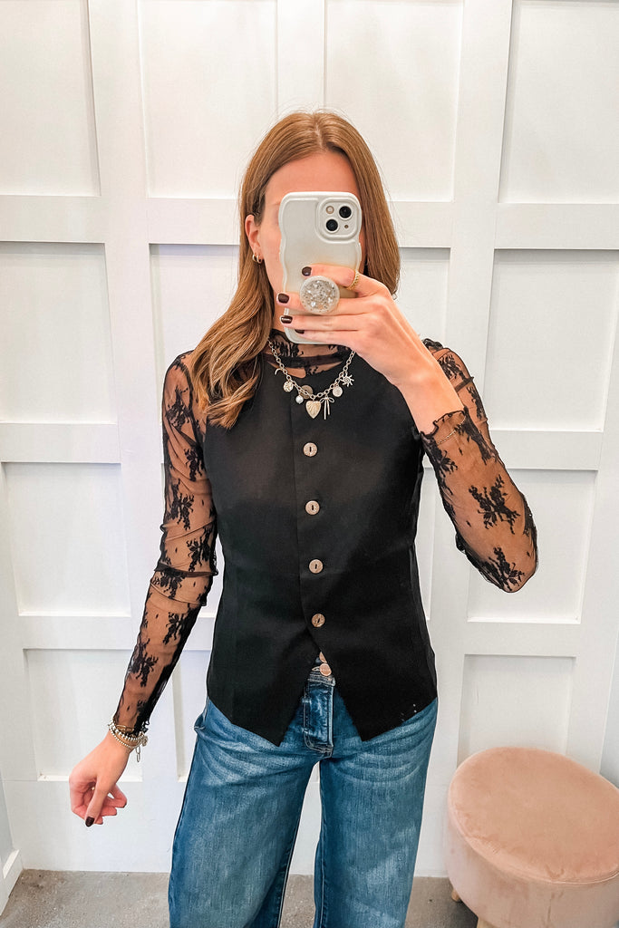 black button front waistcoat vest with sheer lace top