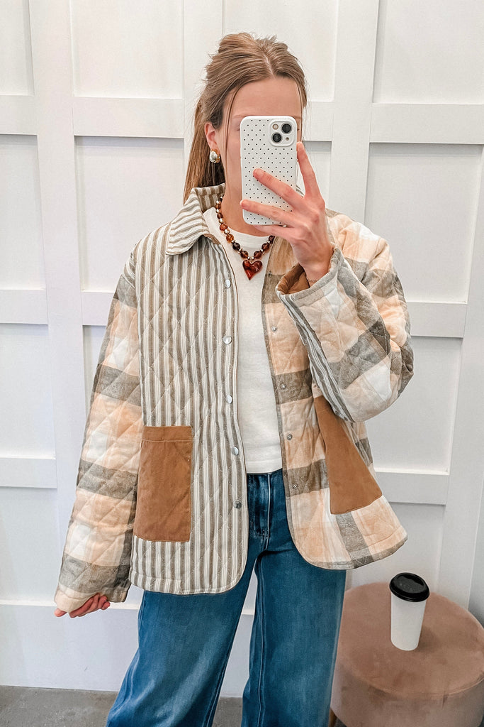 plaid and striped quilted jacket
