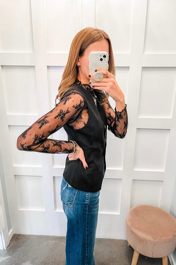 black button front waistcoat vest with sheer lace top