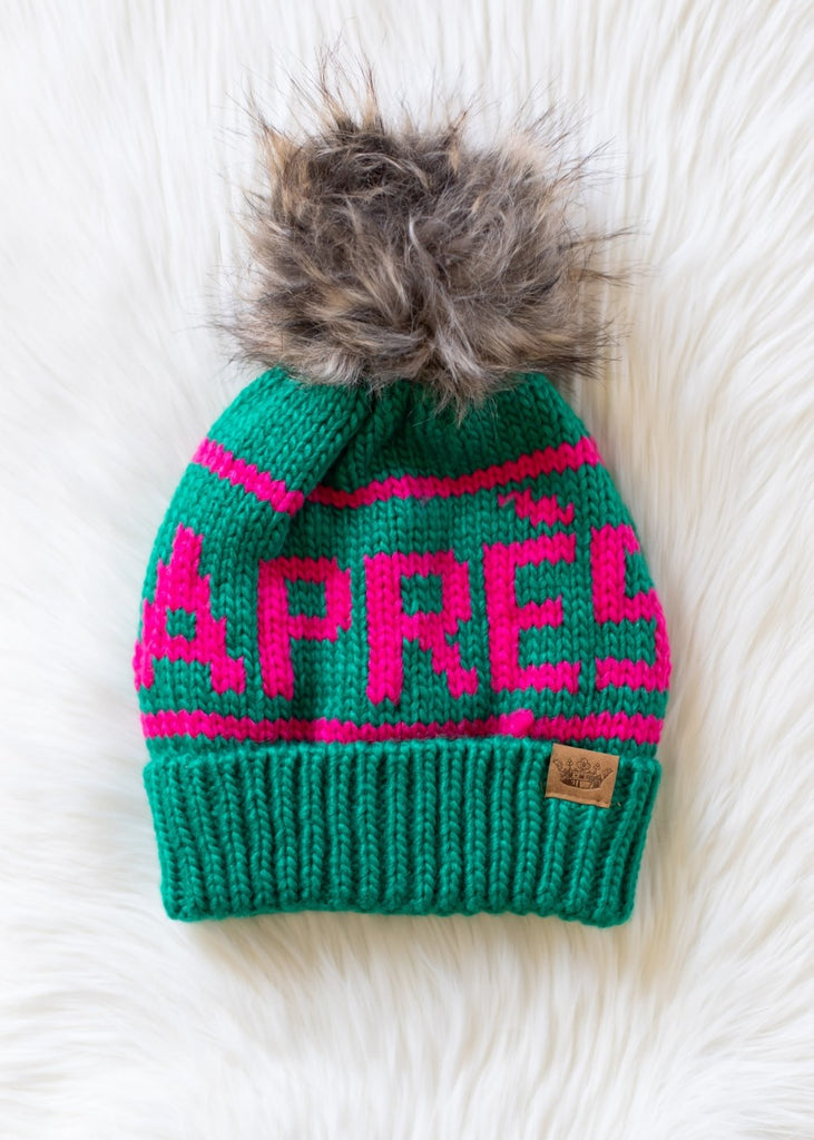 Green & Pink Apres Pom Beanie - BluePeppermint Boutique