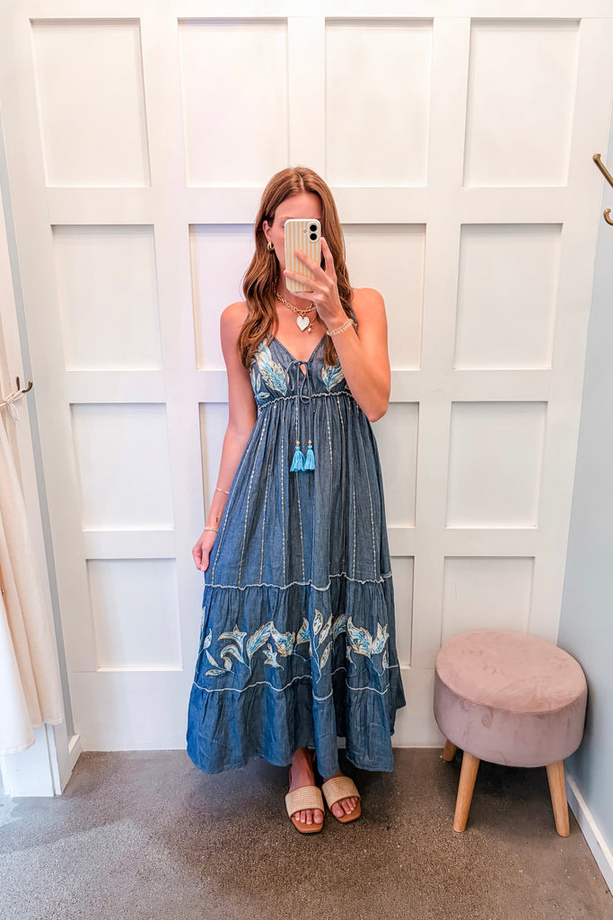 Sea Spell Starfish Embroidered Ribbed Tank - Denim