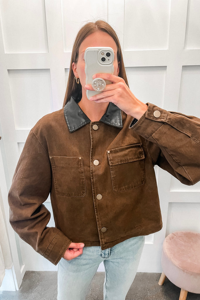 Cocoa Leather Trim Jacket - BluePeppermint Boutique