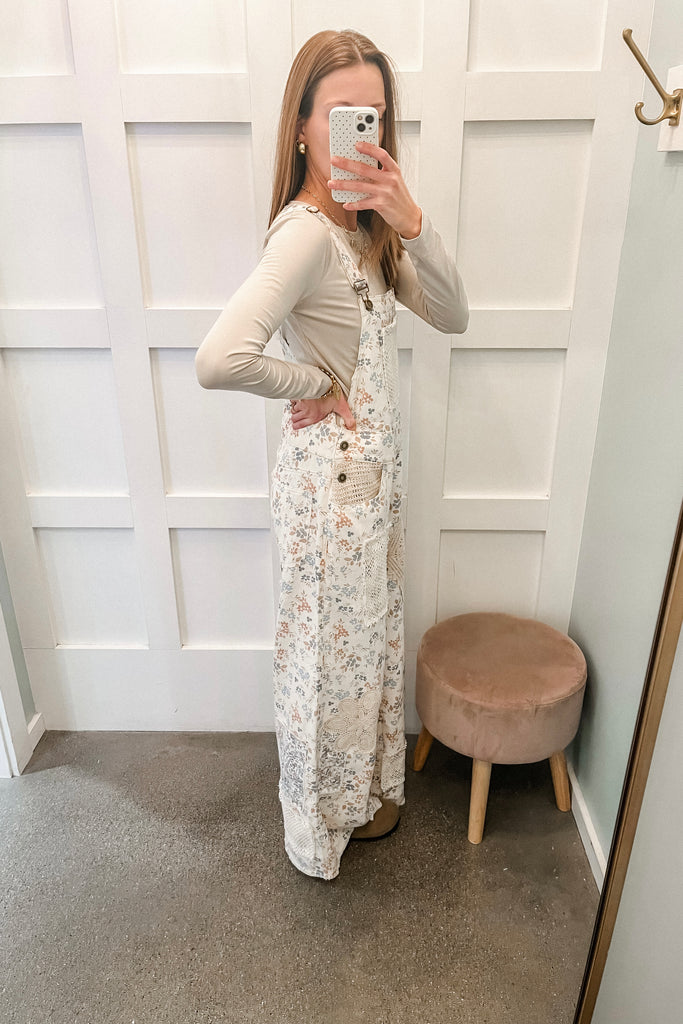 floral print crochet patch overalls