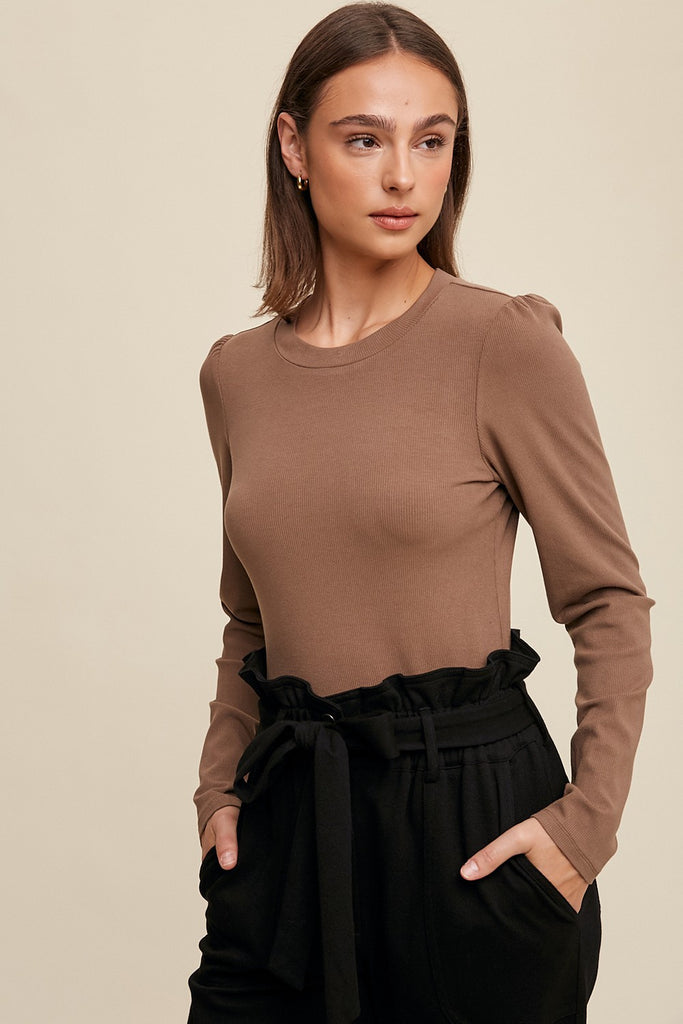 Vogel Ribbed Fitted Top-Mocha - BluePeppermint Boutique