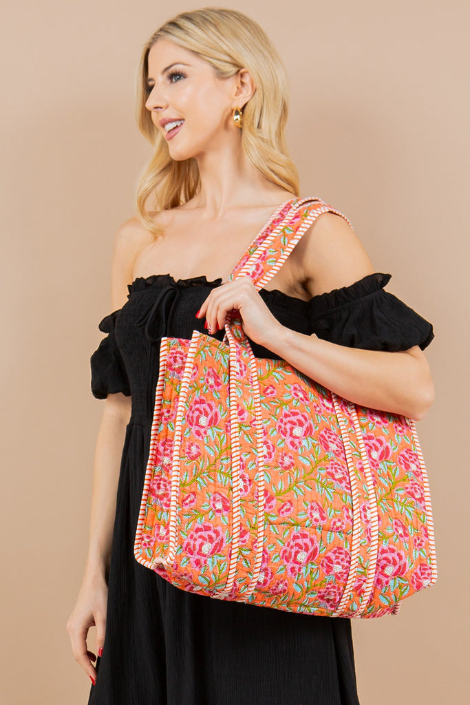 Orange/Pink Floral Reversible Bag - BluePeppermint Boutique