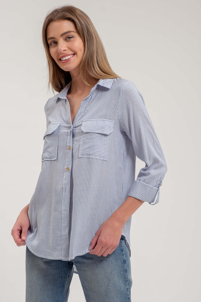 Westside Striped Button Down - Navy - BluePeppermint Boutique