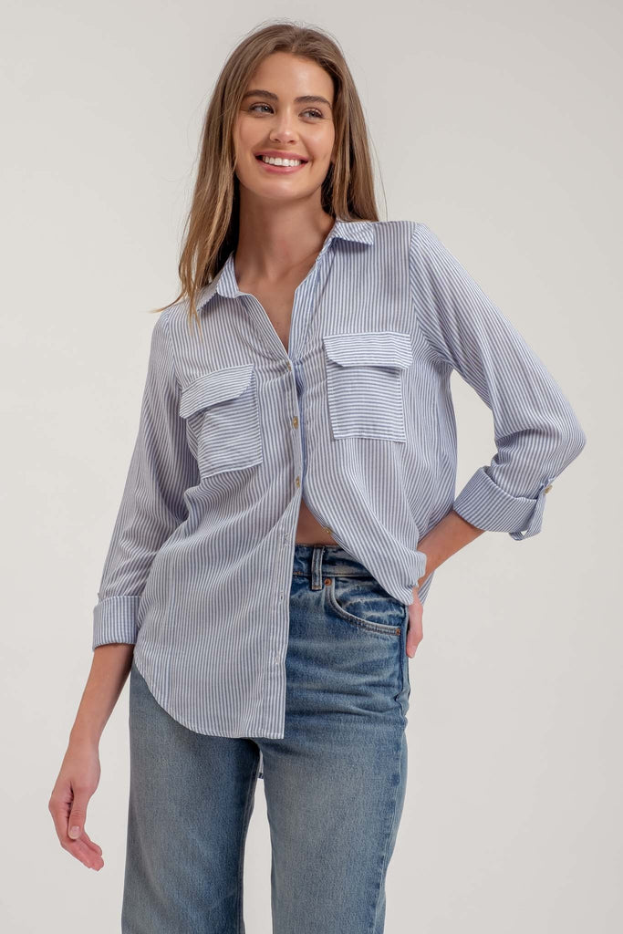 Westside Striped Button Down - Navy - BluePeppermint Boutique