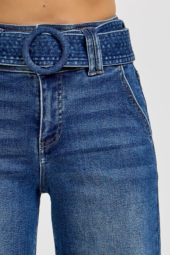 Risen | y2k Tummy Control Belted Jeans - BluePeppermint Boutique