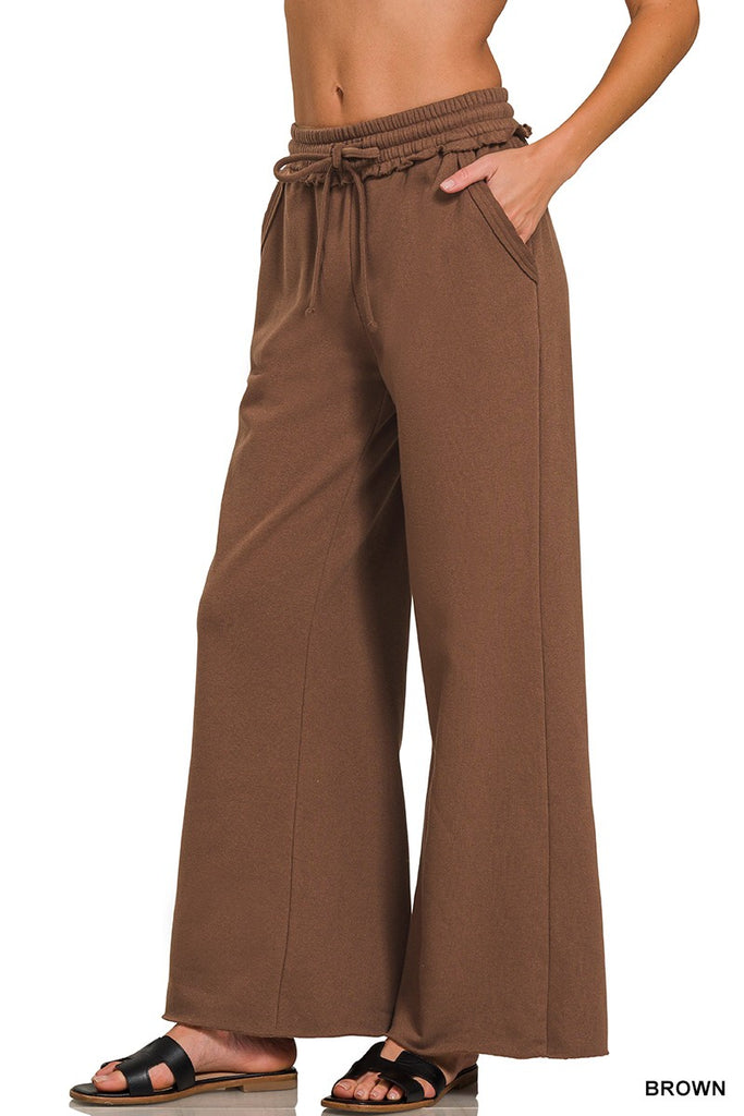 wide leg fleece sweatpants with elastic waistband and raw hem