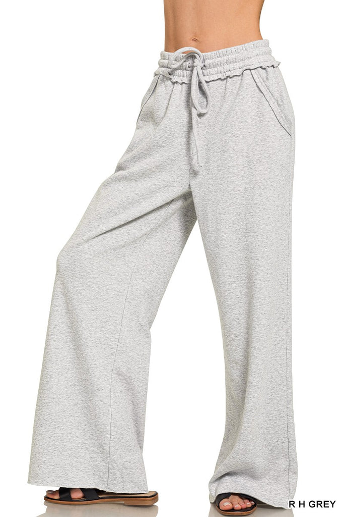 Gray wide-leg pants with a drawstring waist on a white background