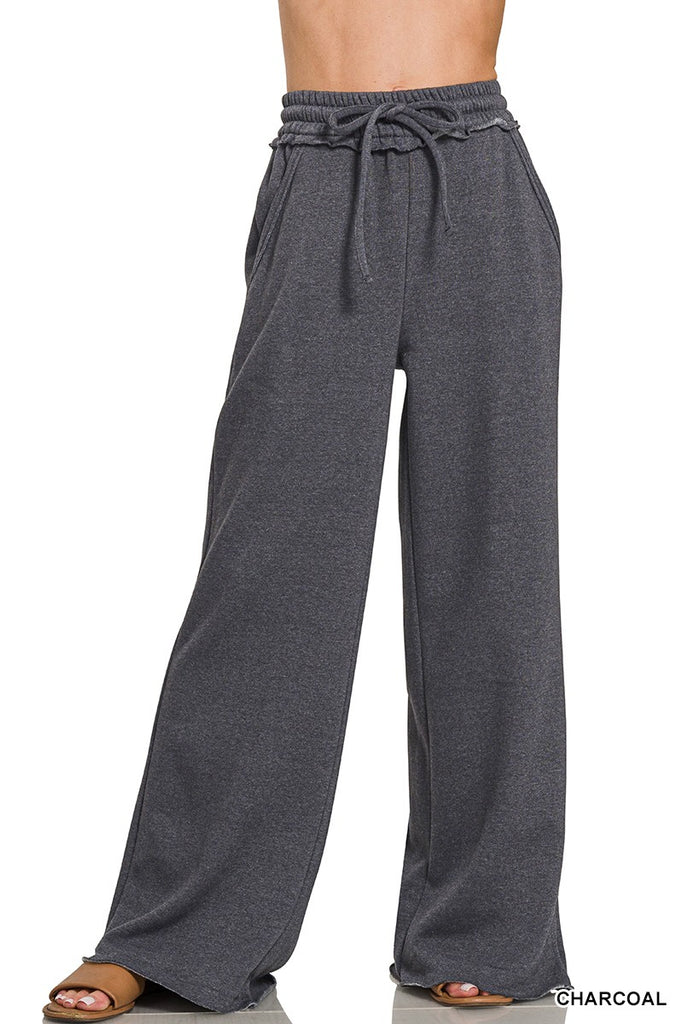 Gray wide-leg pants with a drawstring waist on a white background