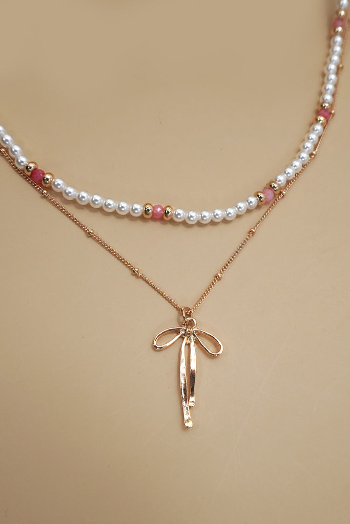 Bow + Pearl Layered Necklace - BluePeppermint Boutique