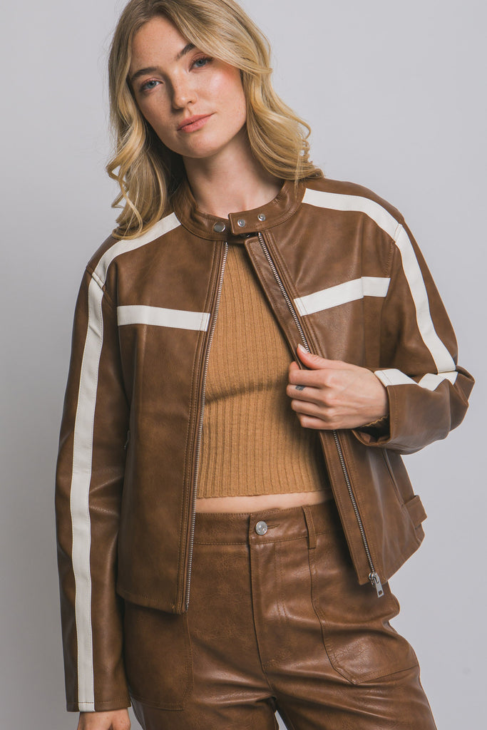 Burnout Striped Faux Leather Jacket - BluePeppermint Boutique