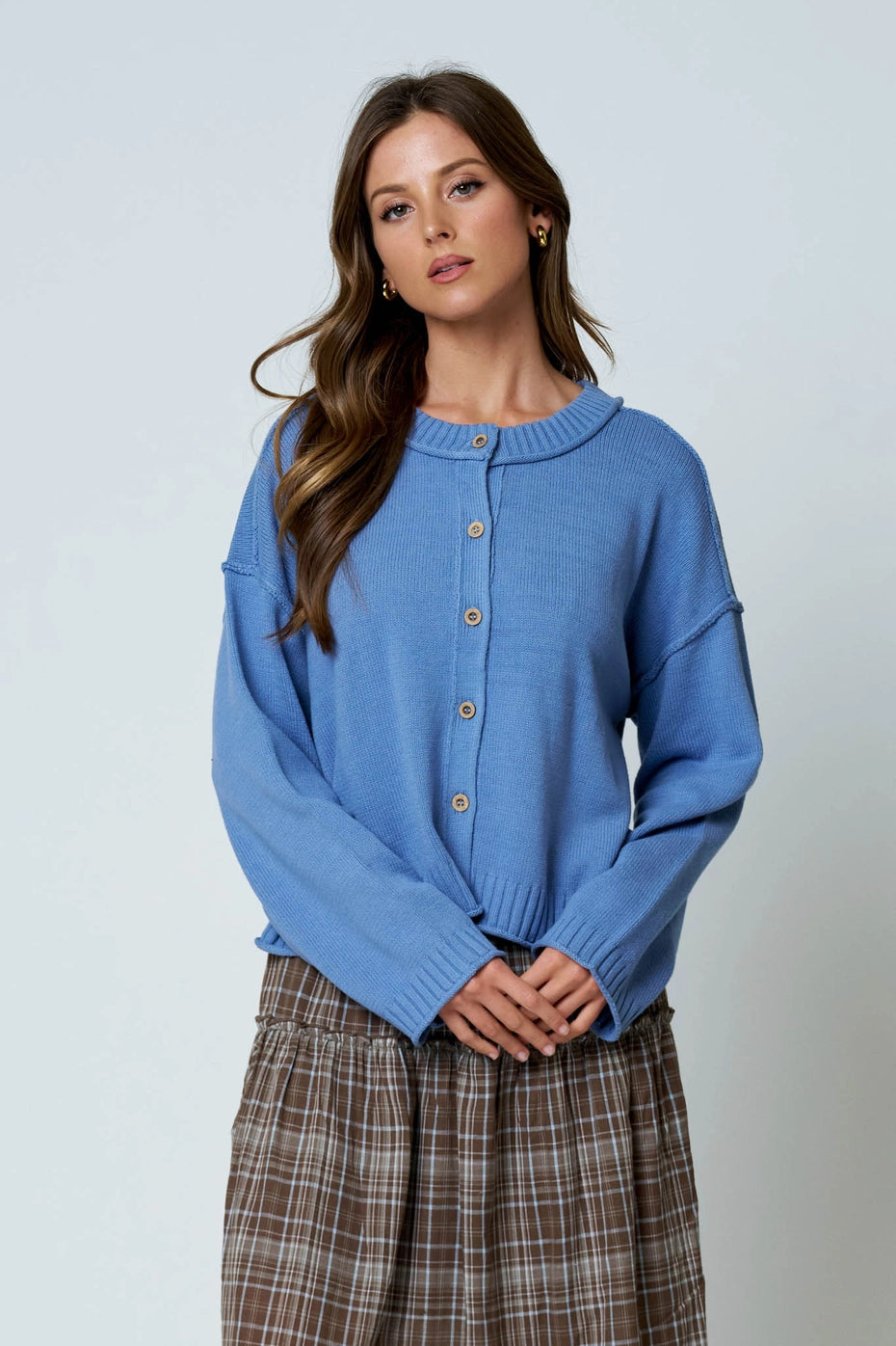Lake Effect Wide Stripe Cozy Sweater Cardigan - Blue/Brown