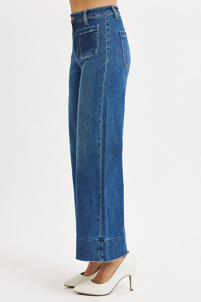 Risen | Hawn Front Patch Wide Leg Jeans - BluePeppermint Boutique