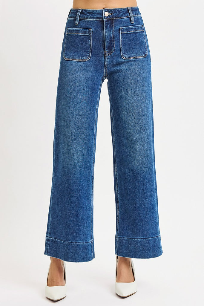 Risen | Hawn Front Patch Wide Leg Jeans - BluePeppermint Boutique