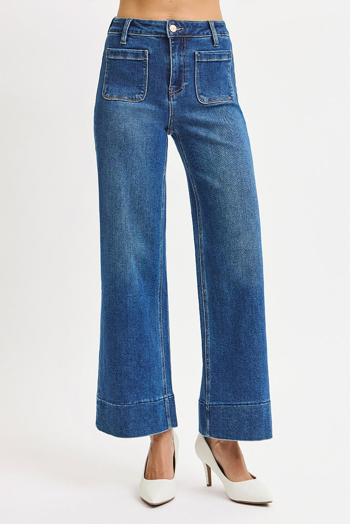 Risen | Hawn Front Patch Wide Leg Jeans - BluePeppermint Boutique