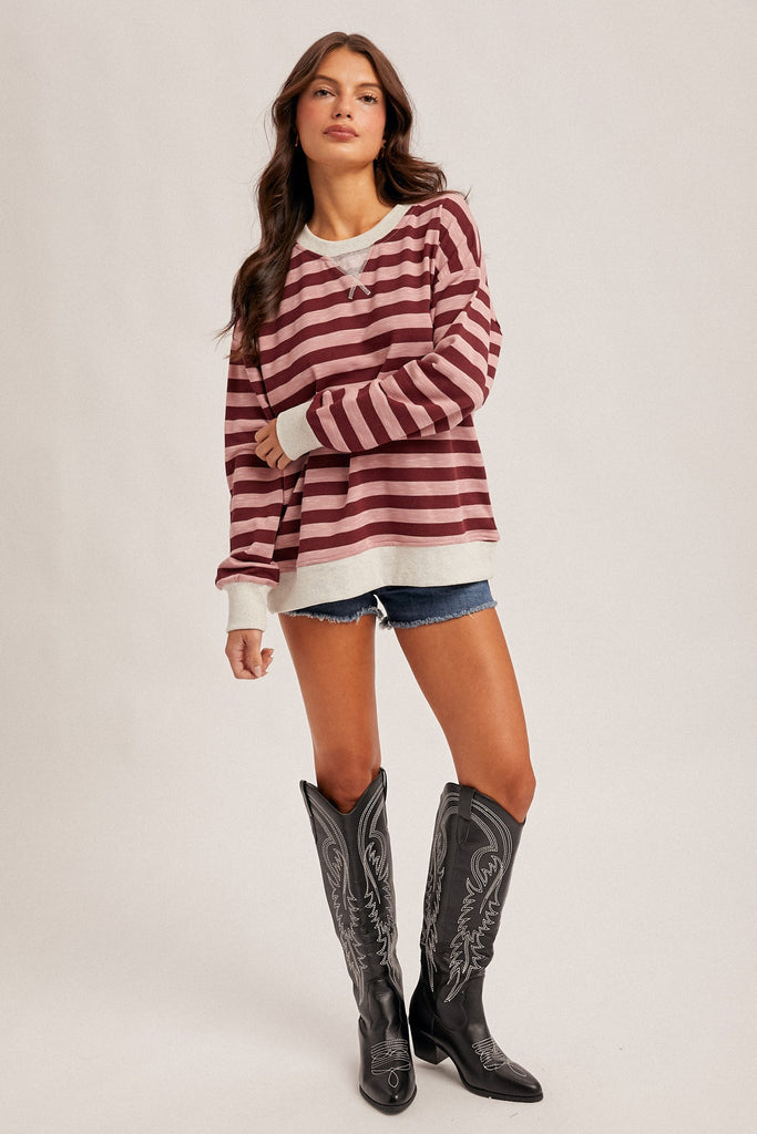 Rockie Striped Sweatshirt - Wine - BluePeppermint Boutique