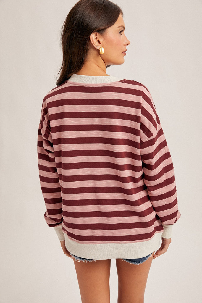 Rockie Striped Sweatshirt - Wine - BluePeppermint Boutique