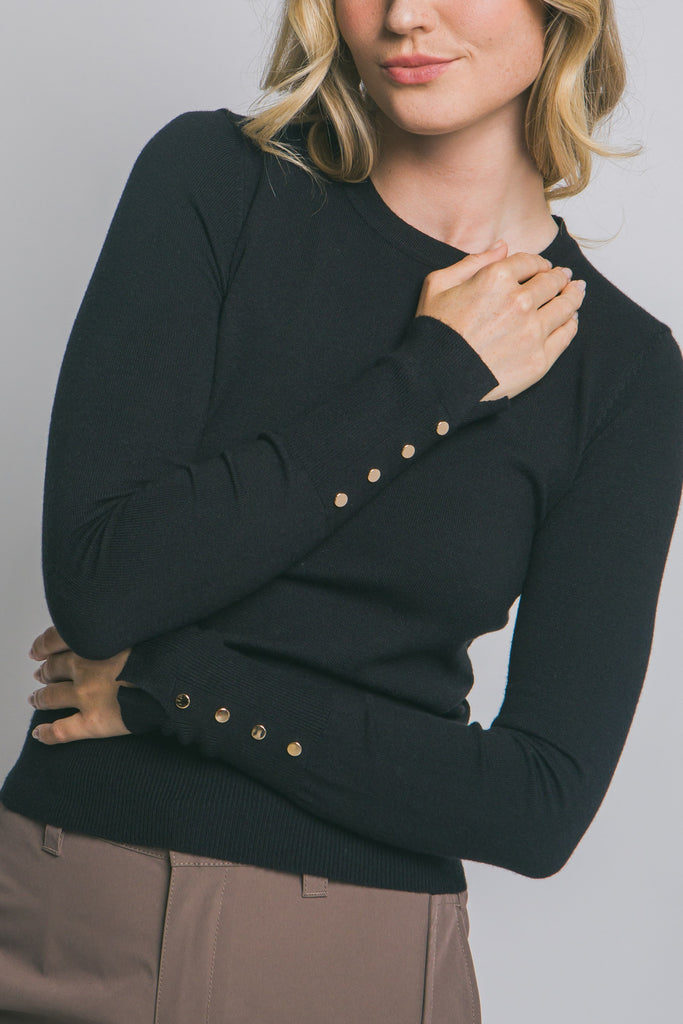 Golden Button Sleeve Sweater - Black - BluePeppermint Boutique