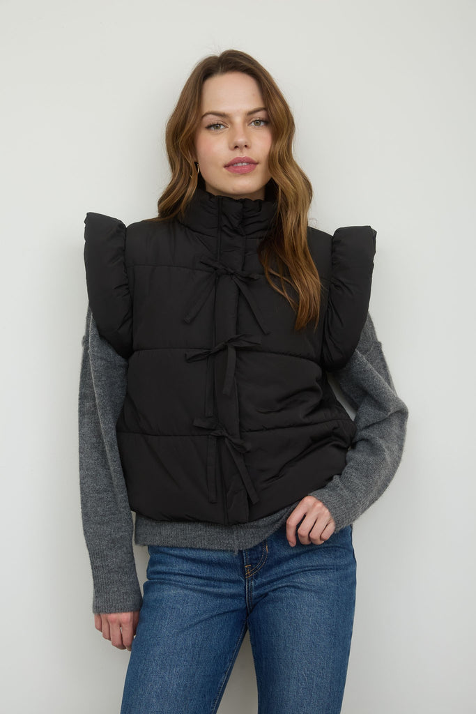 Bow Puffer Vest - Black - BluePeppermint Boutique