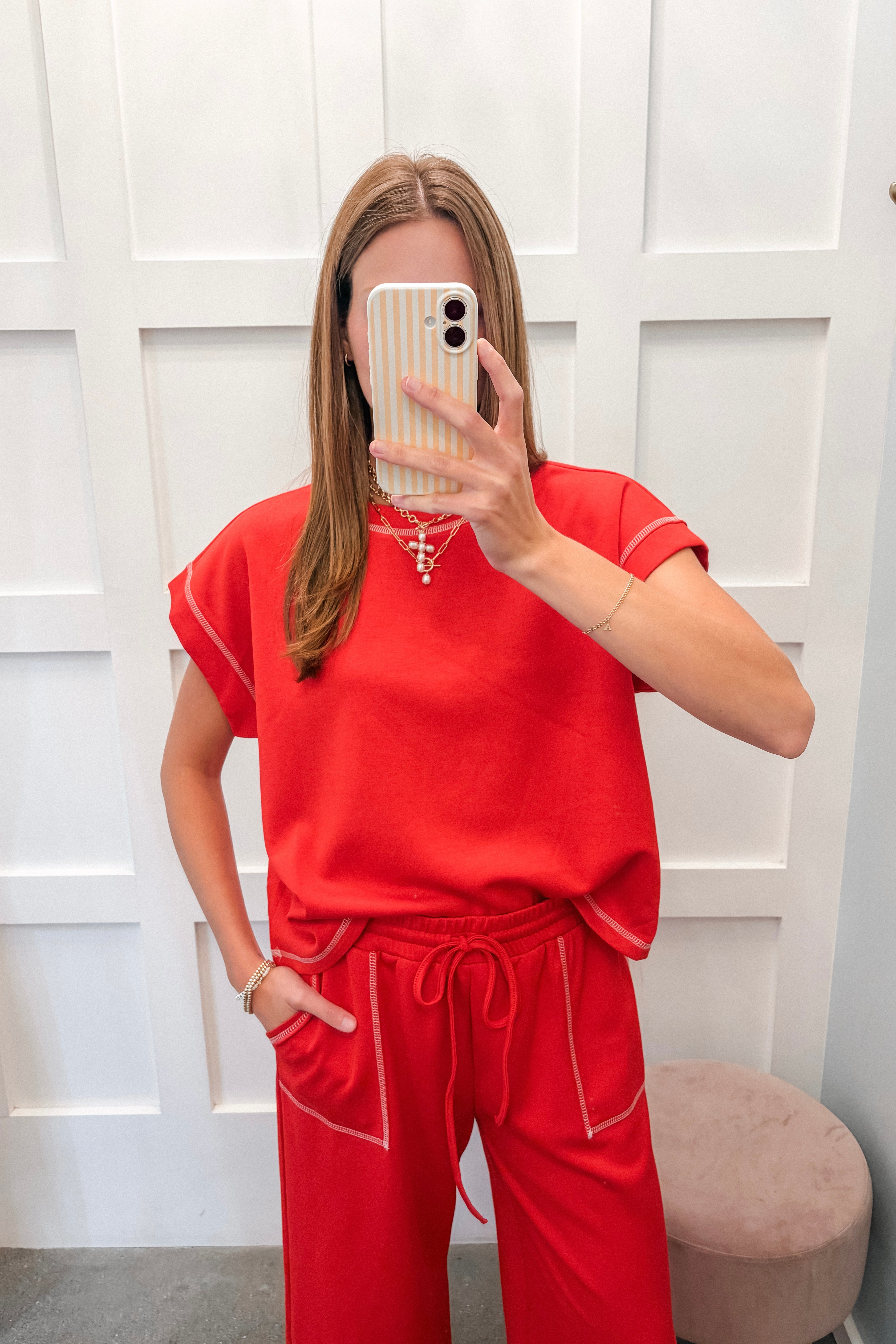 Sunday Scuba Contrast Stitch Lounge Top-Red | BluePeppermint Boutique
