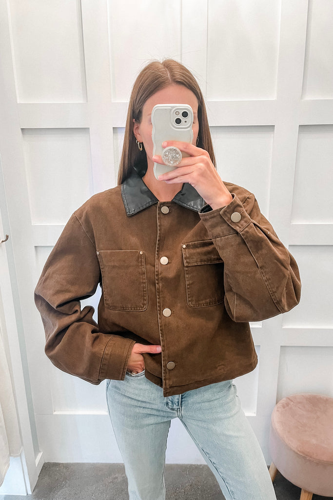 Cocoa Leather Trim Jacket - BluePeppermint Boutique