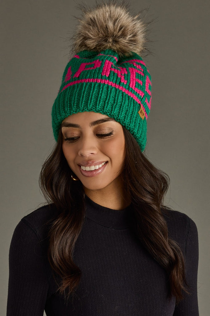 Green & Pink Apres Pom Beanie - BluePeppermint Boutique
