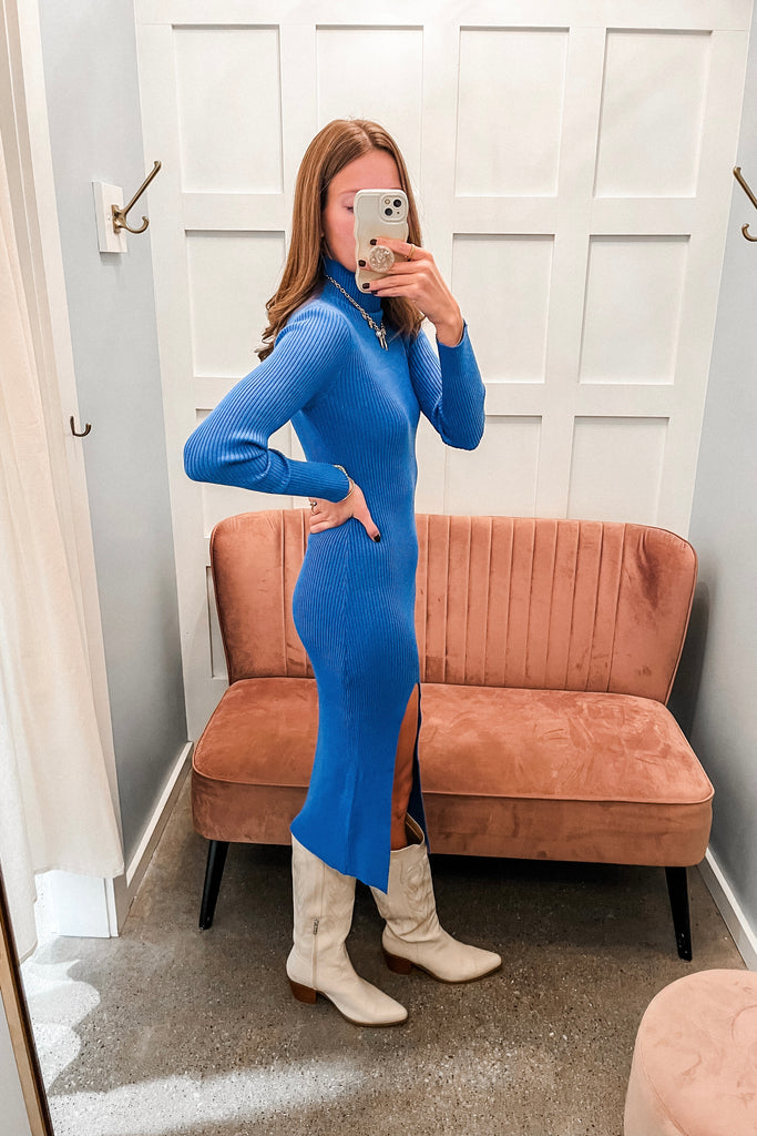 royal blue bodycon knit midi dress