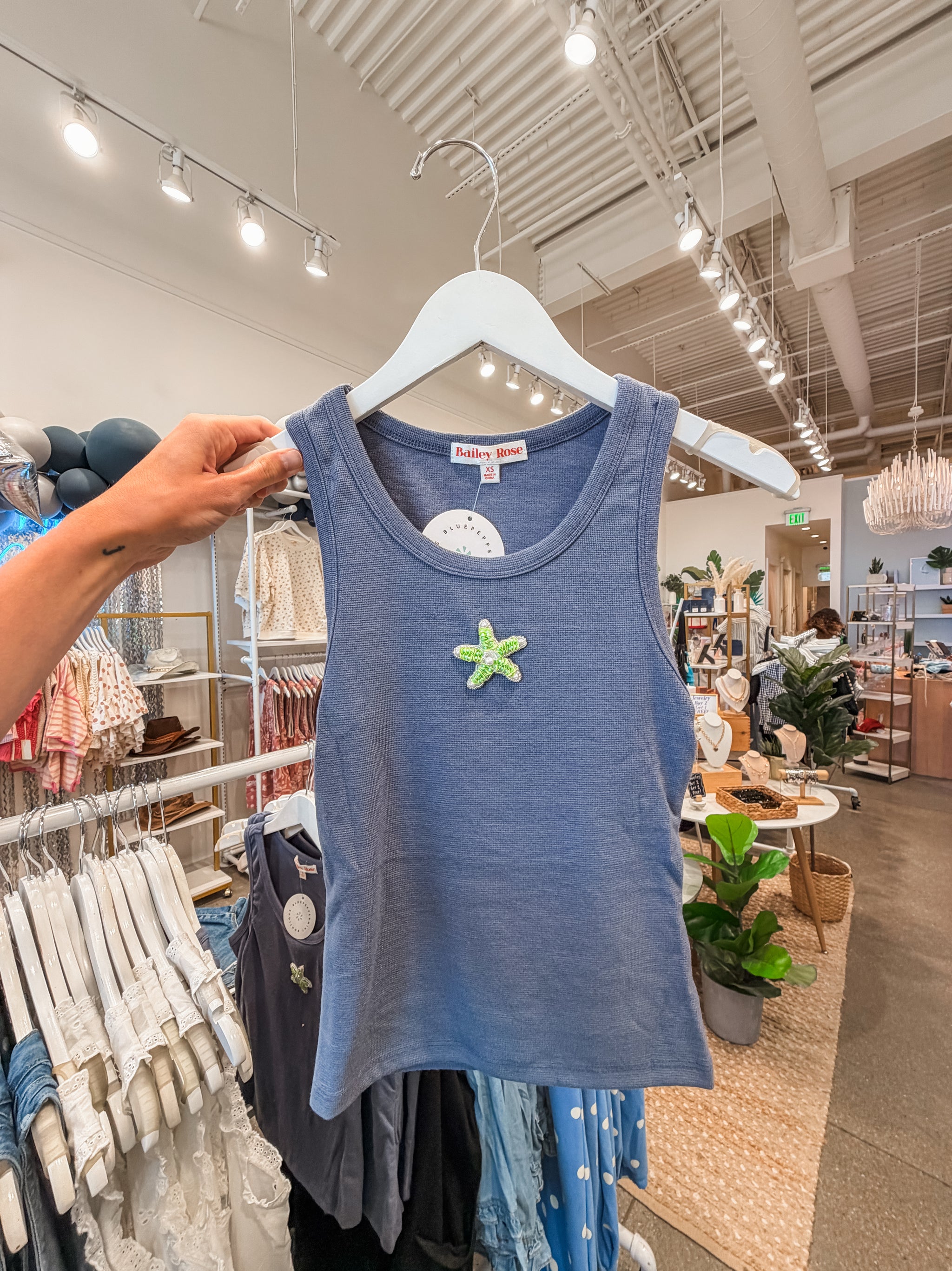 Sea Spell Starfish Embroidered Ribbed Tank - Denim
