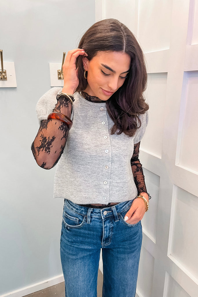 grey puff sleeve short sleeve sweater top