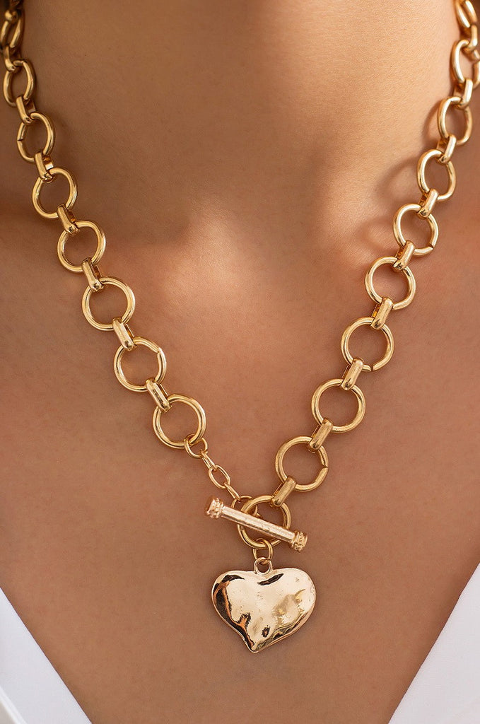 Hammered Heart Toggle Necklace - Gold - BluePeppermint Boutique