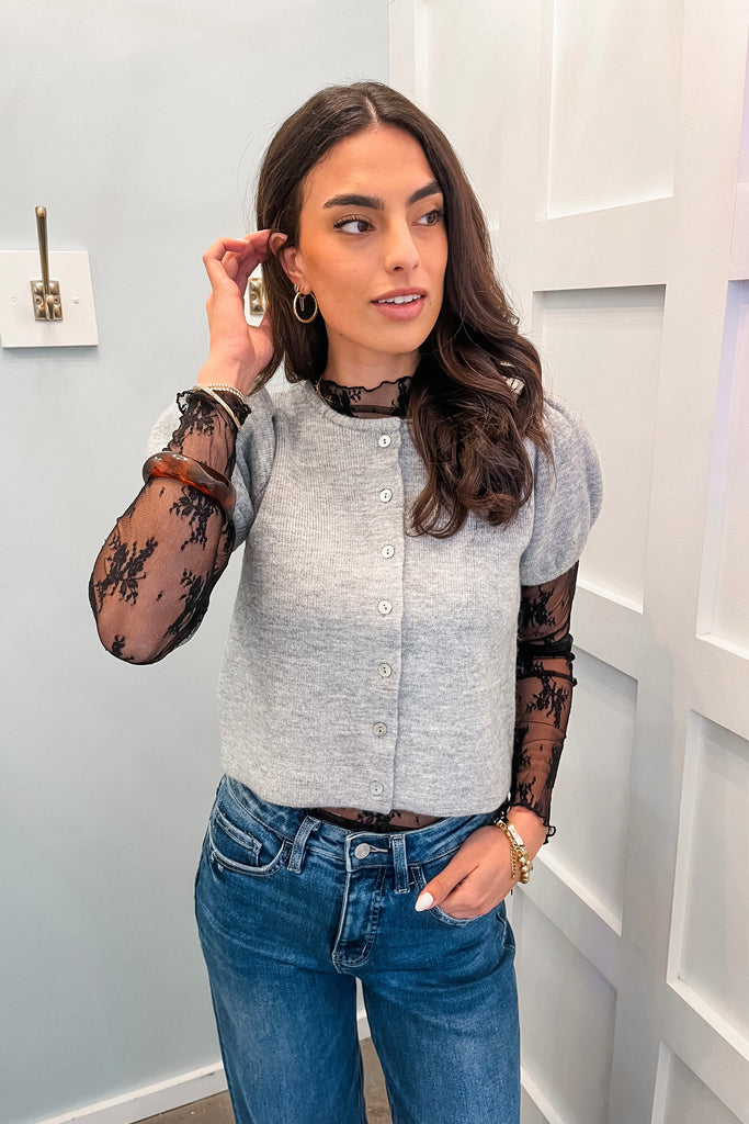 grey puff sleeve short sleeve sweater top