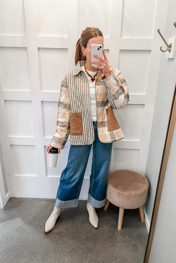 plaid and striped quilted jacket