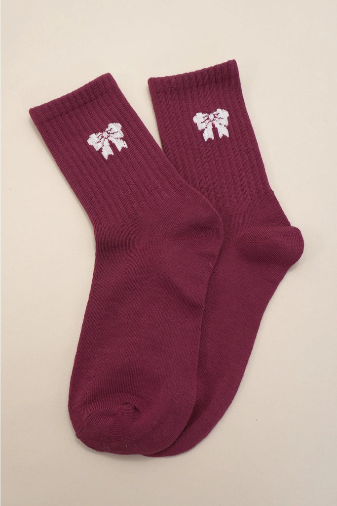 Bow Crew Socks - Wine - BluePeppermint Boutique