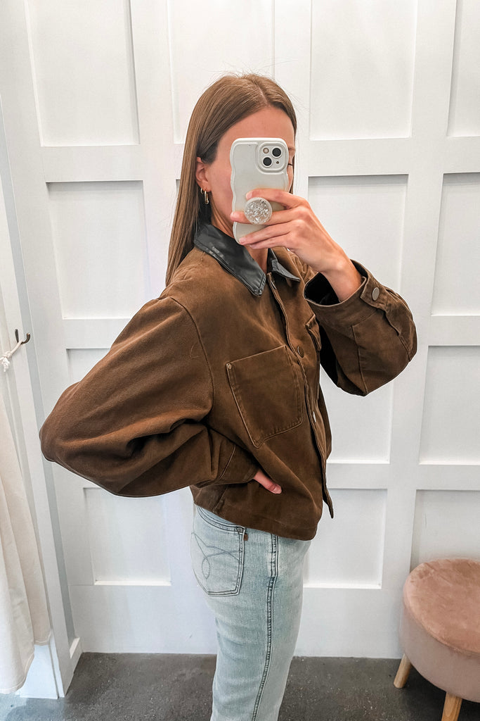 Cocoa Leather Trim Jacket - BluePeppermint Boutique