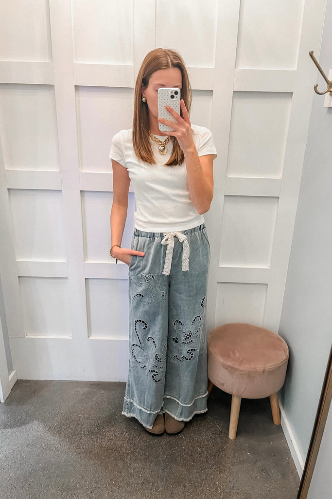 laser cut wide leg denim pants