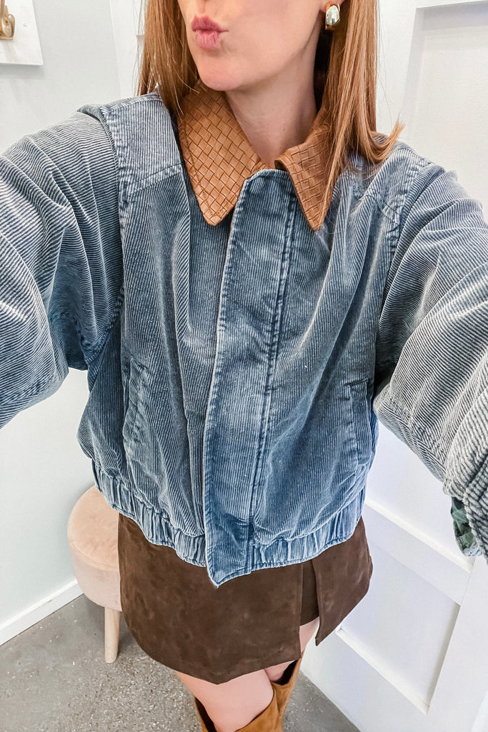corduroy barn jacket with leather collar