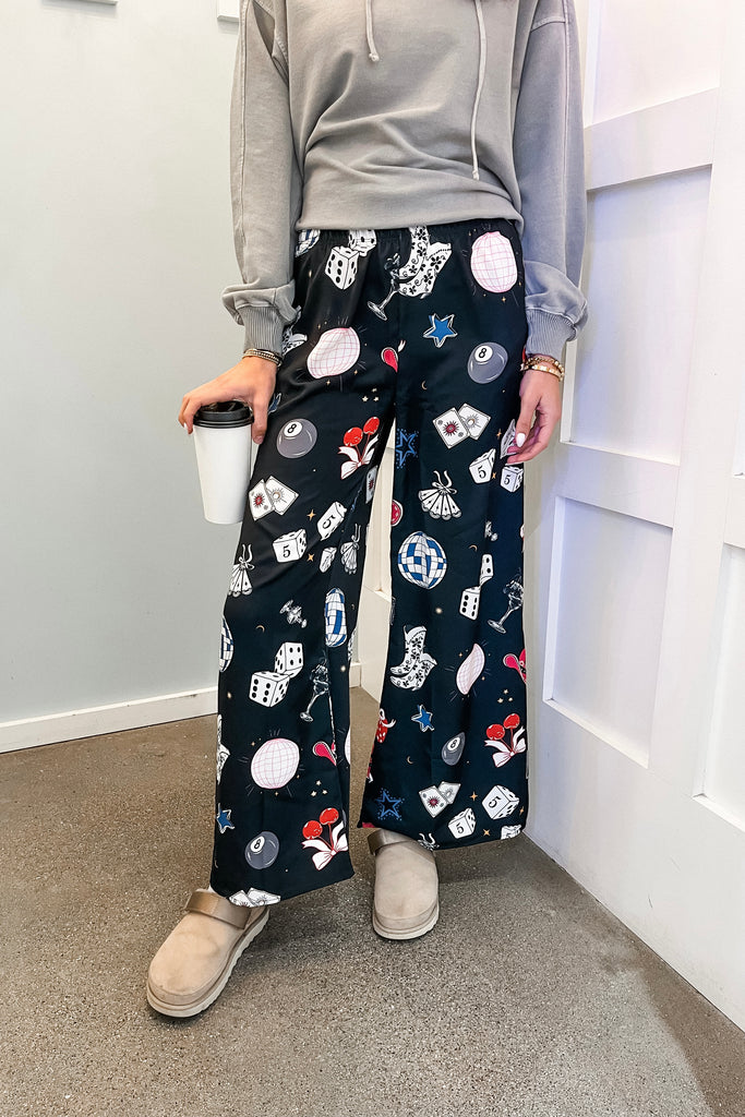 satin pants with fun las vegas design