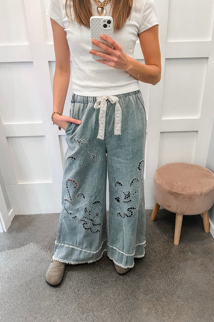 laser cut wide leg denim pants