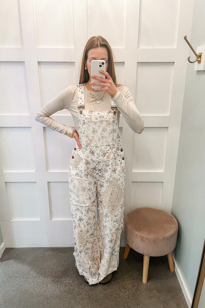 floral print crochet patch overalls