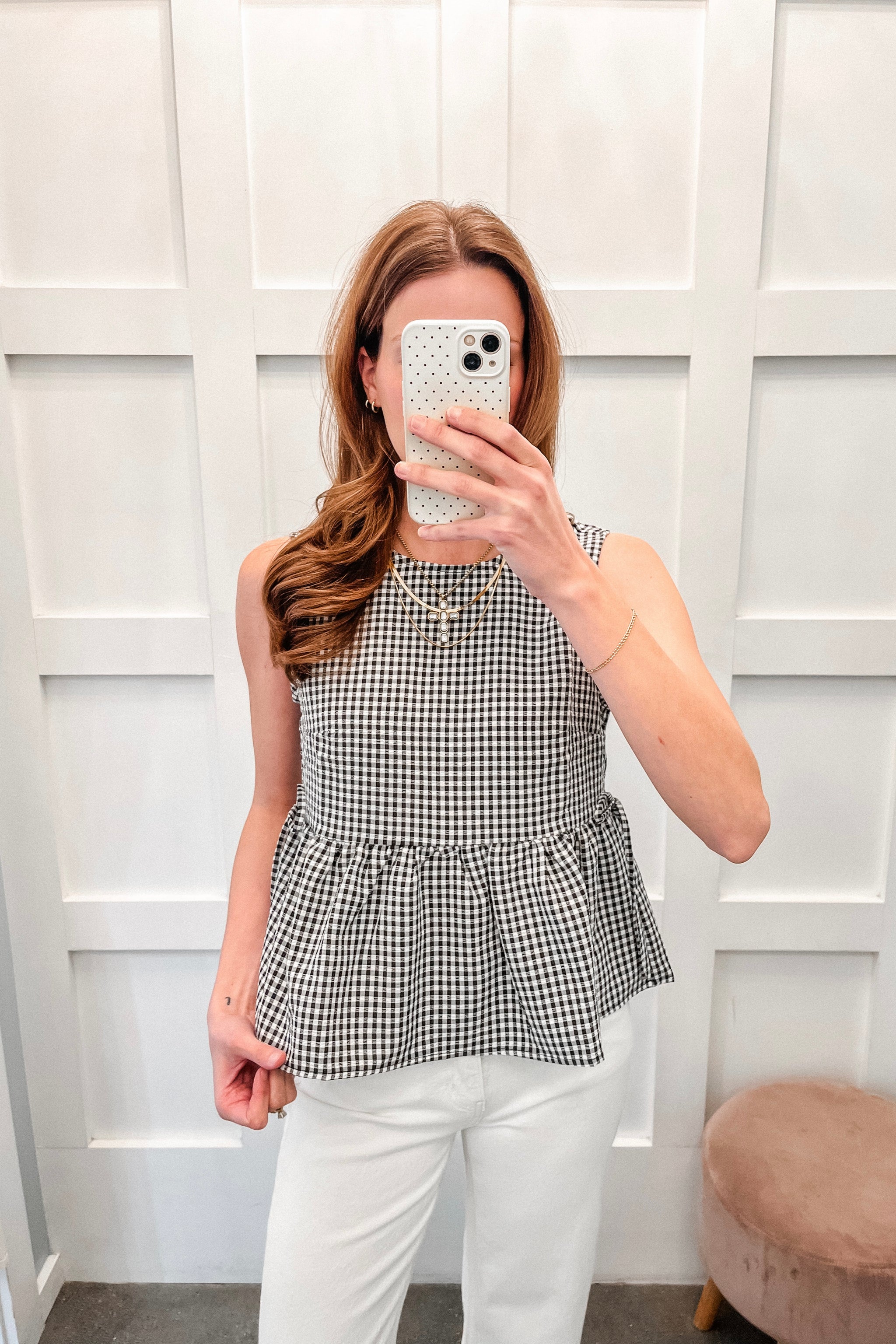 Tied Together Gingham Sleeveless Peplum Top - Black