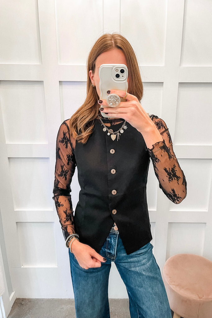 black button front waistcoat vest with sheer lace top