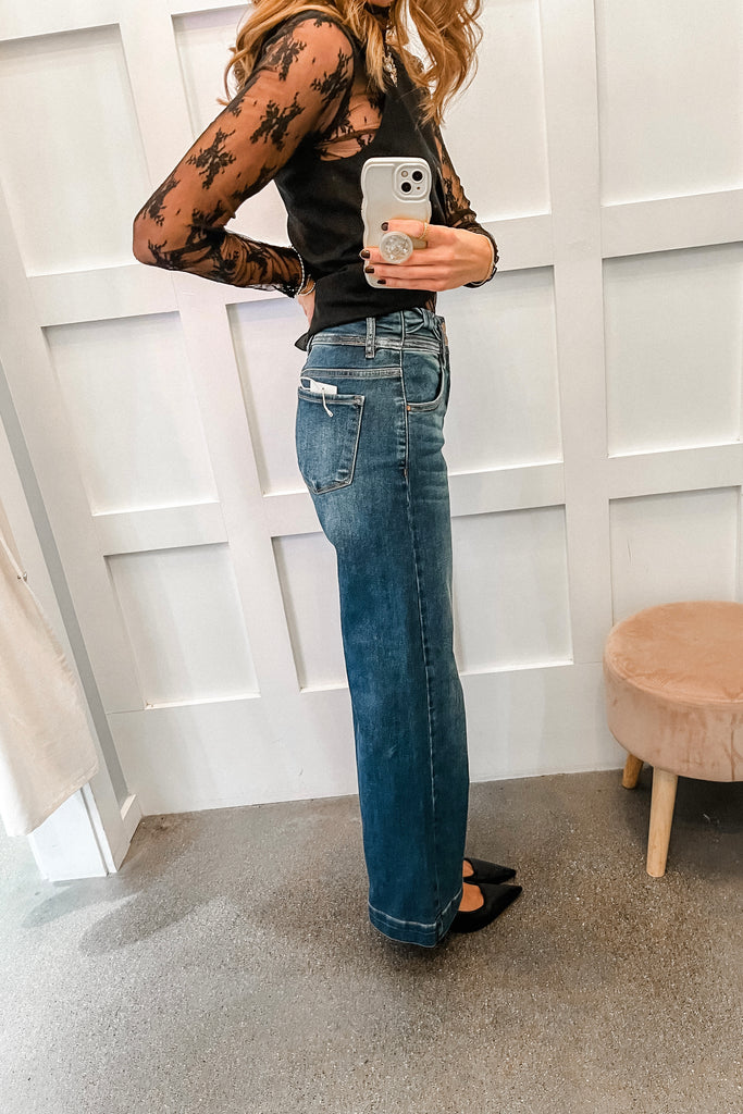 wide leg tummy control denim jeans with bow detail