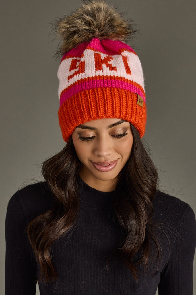 Pink/Orange Ski Pom Beanie - BluePeppermint Boutique